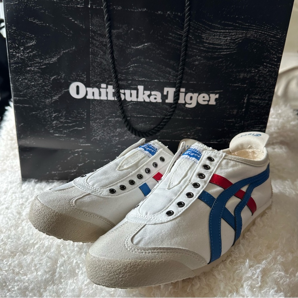 Onitsuka Mexico 66 White Canvas + Red and Blue Slip Ons